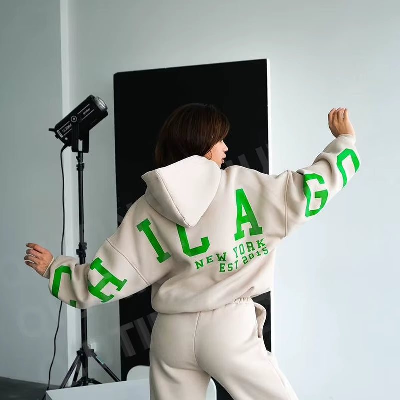 Cordless Hoodie Custom Logo Hoodies and Sweat Pants Jogger Set Woman,Women Tracksuit 2 Two Piece Set Sweatpants and Hoodie Set,W
