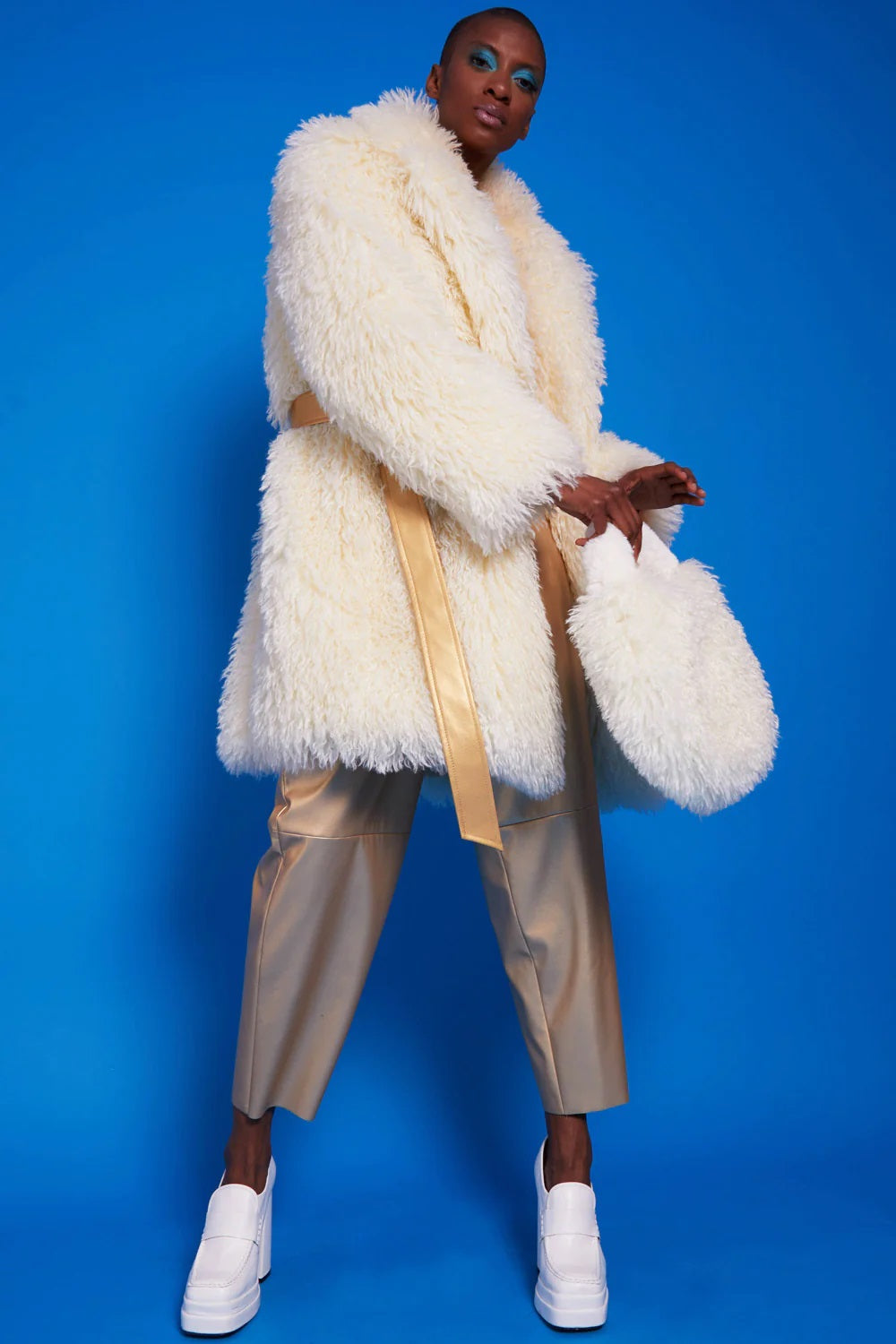 Cream Faux Mongolian Fur Bag — Eco Bamboo Handle