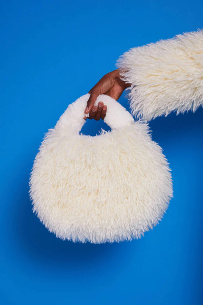 Cream Faux Mongolian Fur Bag — Eco Bamboo Handle