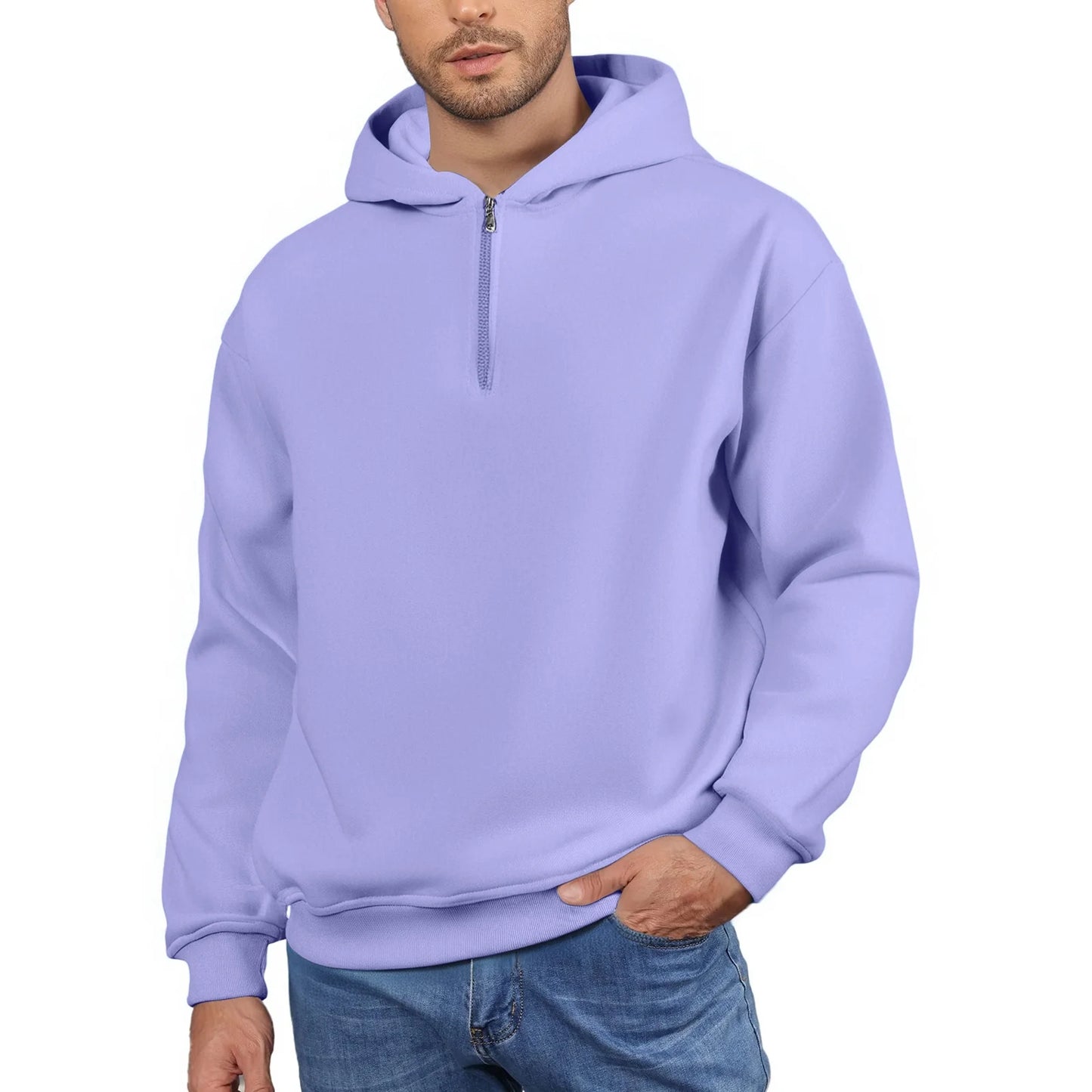 Men'S Quarter Zip Hoodies Zip up Solid Color Hoodie Long Sleeve Drop Shoulder Sweatshirt Casual Pullover Light Purple 3XL