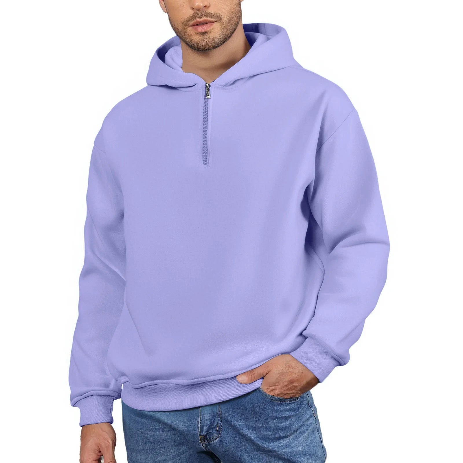 Men'S Quarter Zip Hoodies Zip up Solid Color Hoodie Long Sleeve Drop Shoulder Sweatshirt Casual Pullover Light Purple 3XL